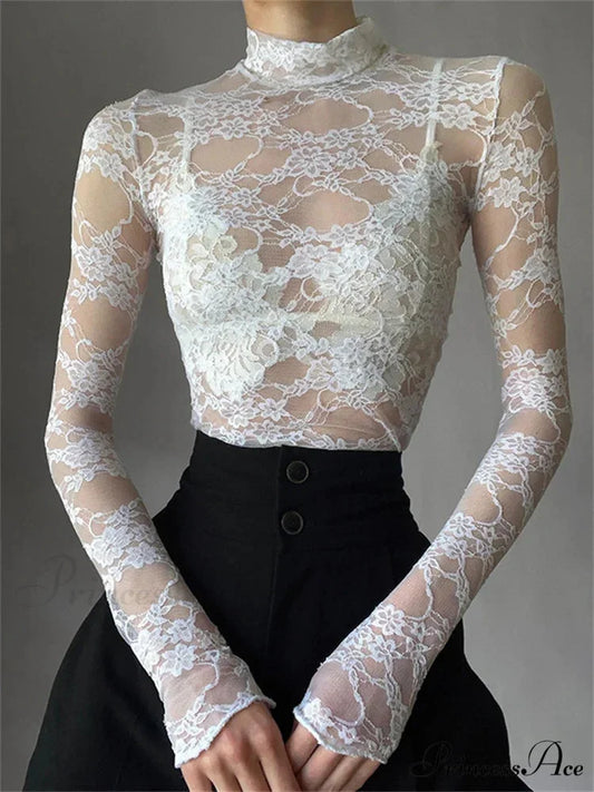 See Through Crop Top Long Sleeve High Neck Lace Floral Slim Fit T-shirts