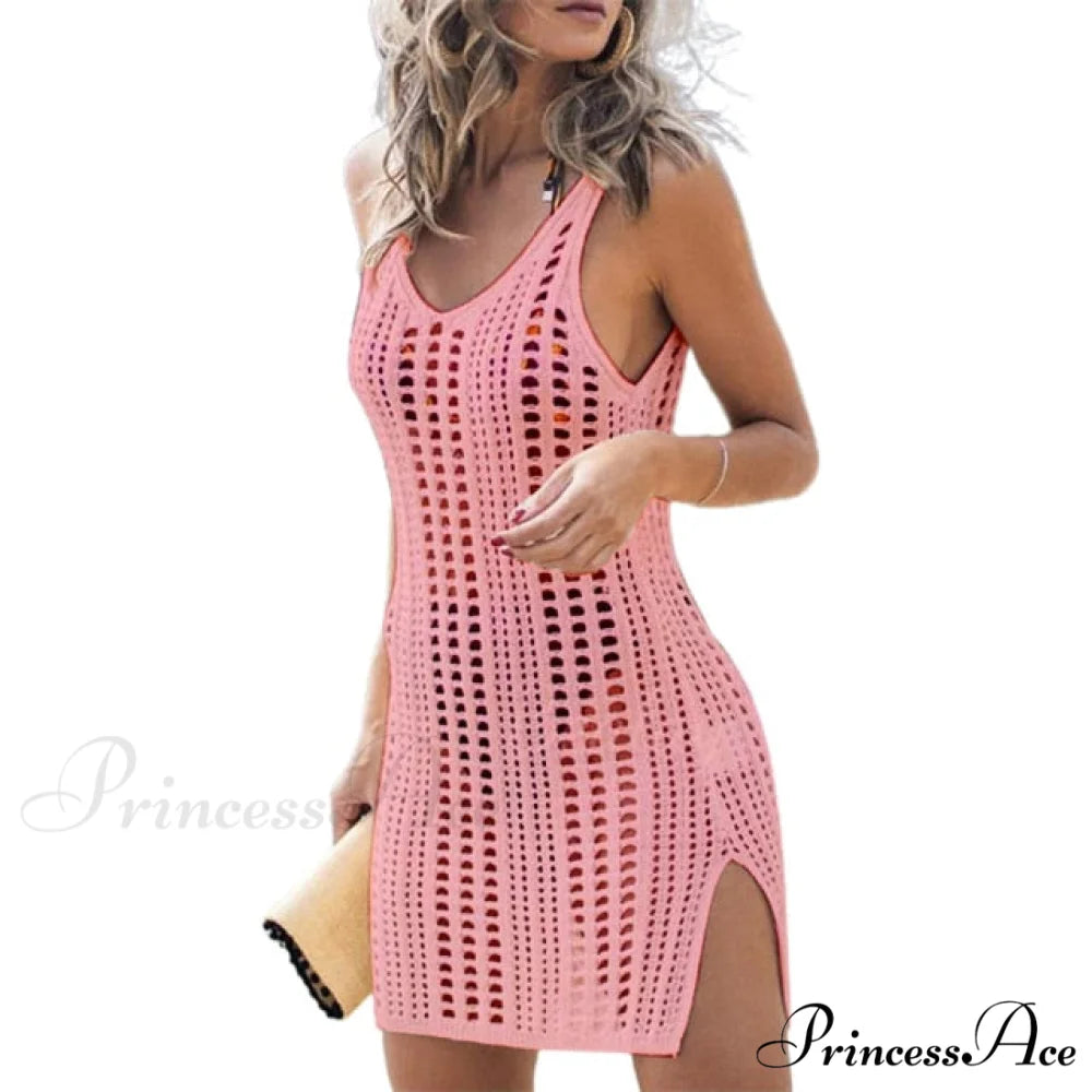 See Through Hollow Out Tunic Robe Pink / S