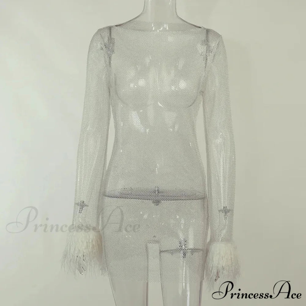 See Through Mesh Autumn Black Long O-Neck Sexy Club Partywear Fashion Bodycon Dress White / S