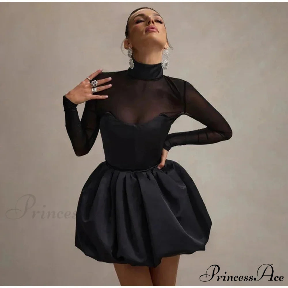 See Through Mini Turtleneck Party Dress Black / S