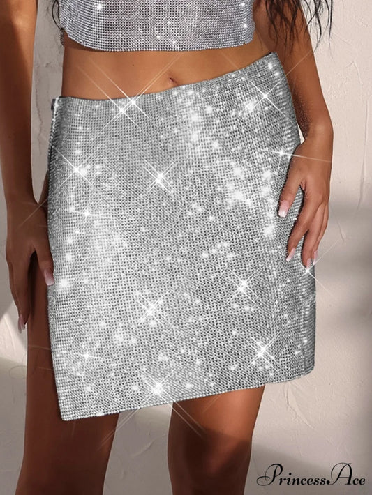 See Through Rhinestone Mini Skirt Silver / XS