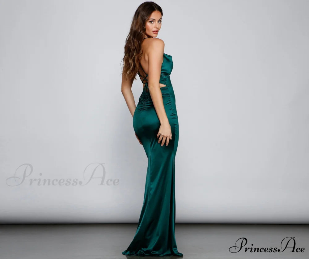 Selena Ruched Stylish Satin Mermaid Dress BLACK / S