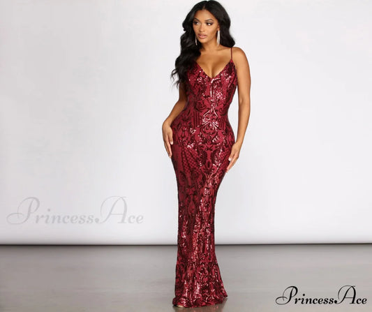 Seline Formal Stylish Sequin Scroll Dress BURGUNDY / S