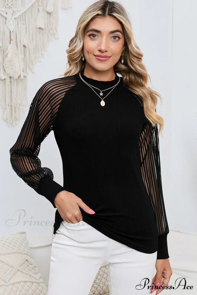 Semi-Sheer Arm Black with Round Blouse Long Neck Black / S