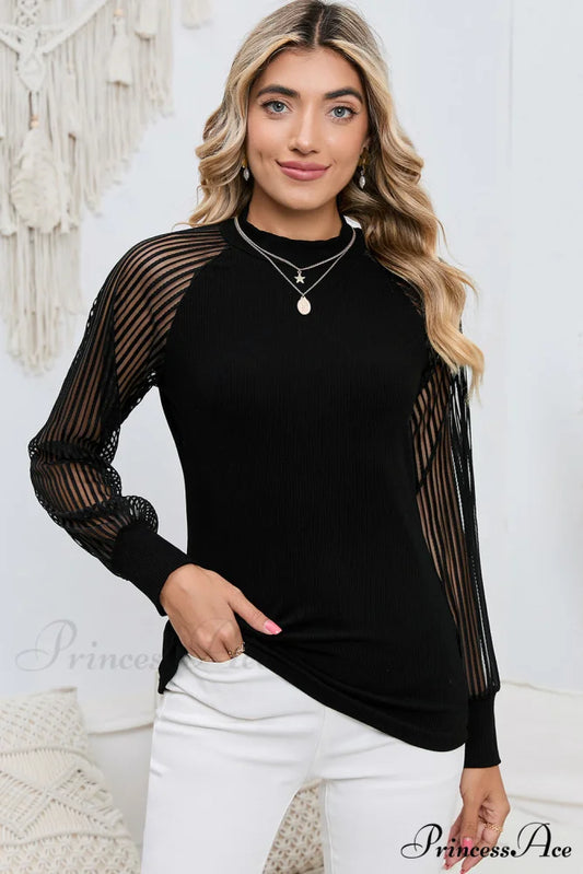 Semi-Sheer Arm Black with Round Blouse Long Neck Black / S
