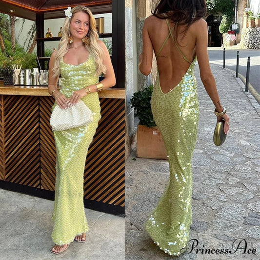 Sequin Backless Hip Package Party Dress Beige / S