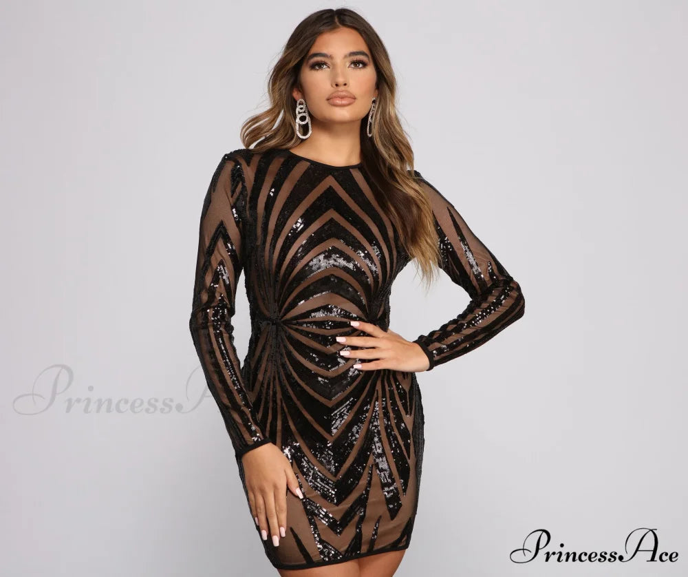 Sequin Beauty Long Charming Sleeve Mini Dress BLACK / XS