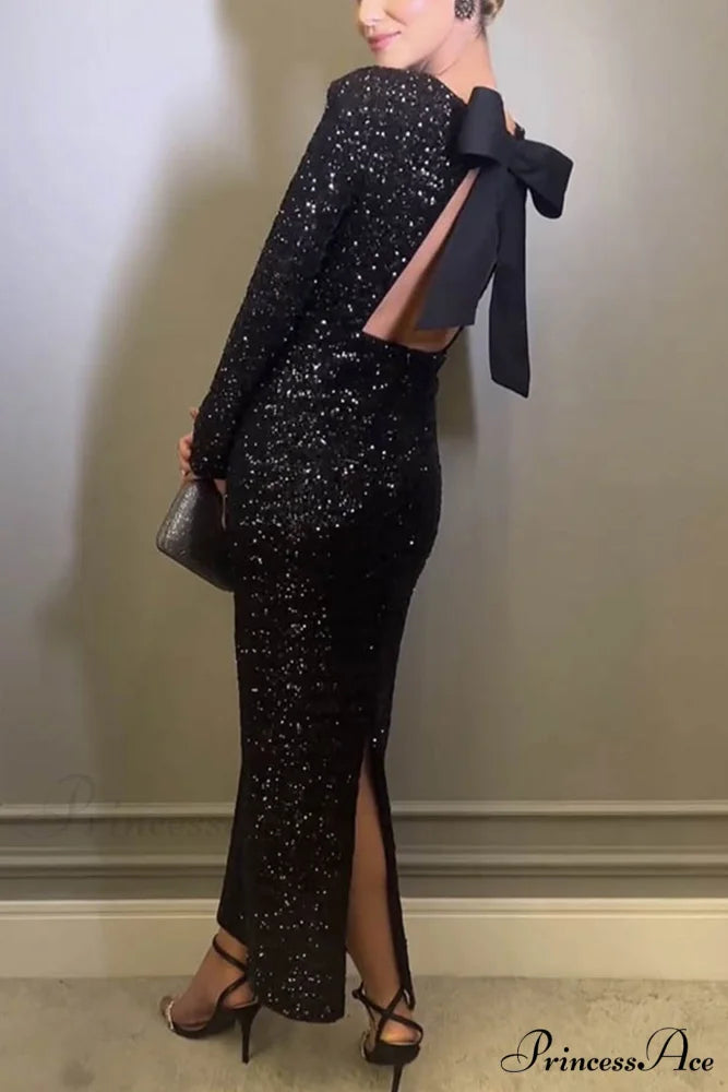 Sequin Bow Backless Dress with Slit Black / L