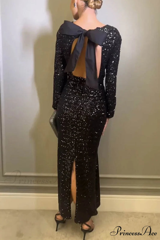 Sequin Bow Backless Dress with Slit Black / M