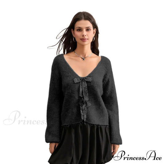 Sequin Bow Front Tie Loose V-neck Cardigan Black / S