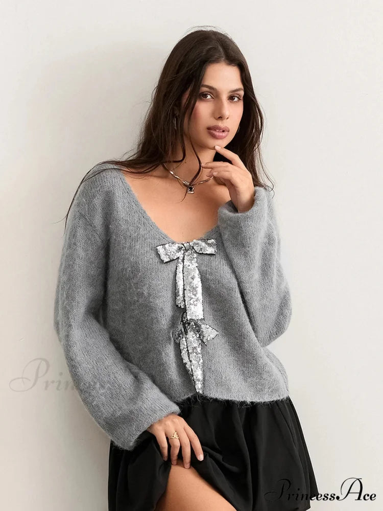 Sequin Bow Front Tie Loose V-neck Cardigan GRAY / S