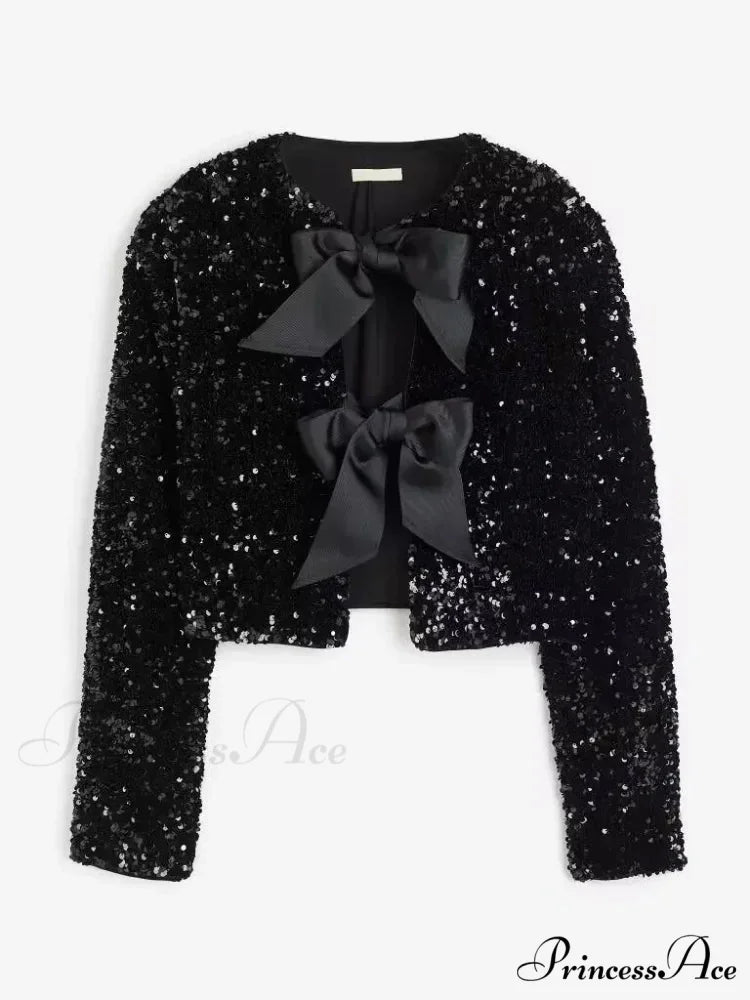 Sequin Bow Lace-Up Short Coat Black / XS