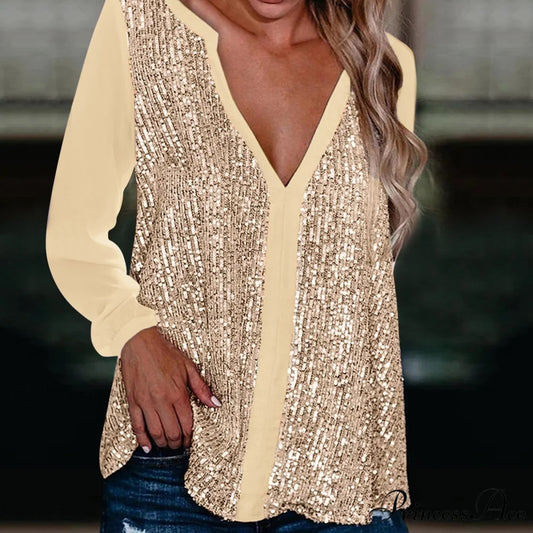 Sequin Casual Long Sleeve Fall Streetwear Blouse Gold / S