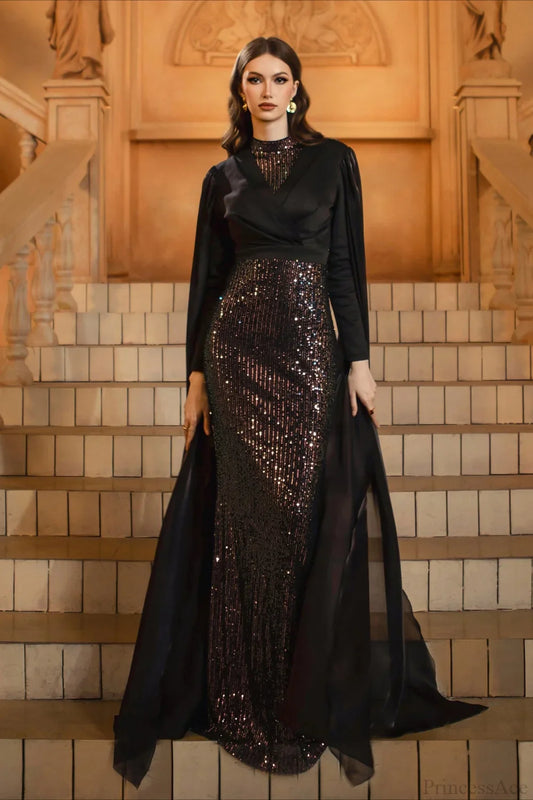 Sequin Crew Neck Long Sleeve Fitted Bodycon Evening Dress