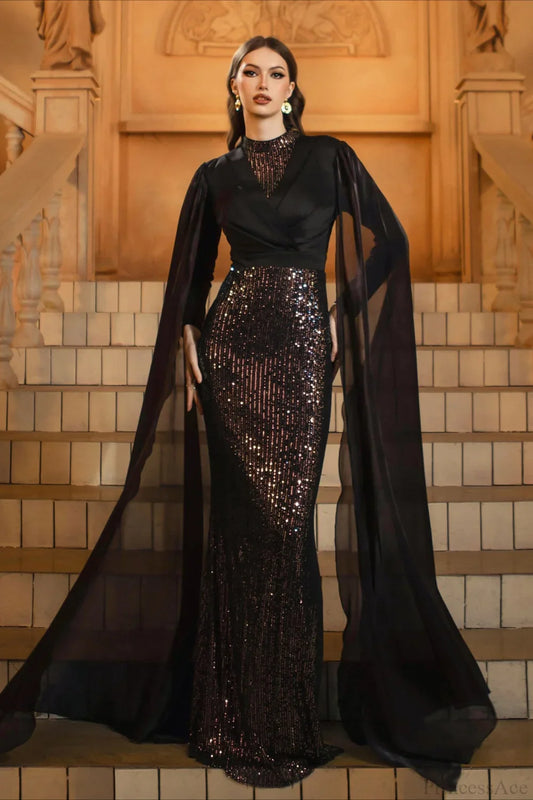 Sequin Crew Neck Long Sleeve Fitted Bodycon Evening Dress