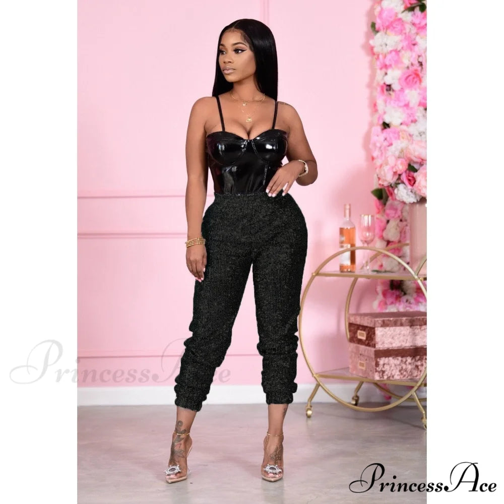 Sequin Elastic Bodycon Pencil Pants Black / S