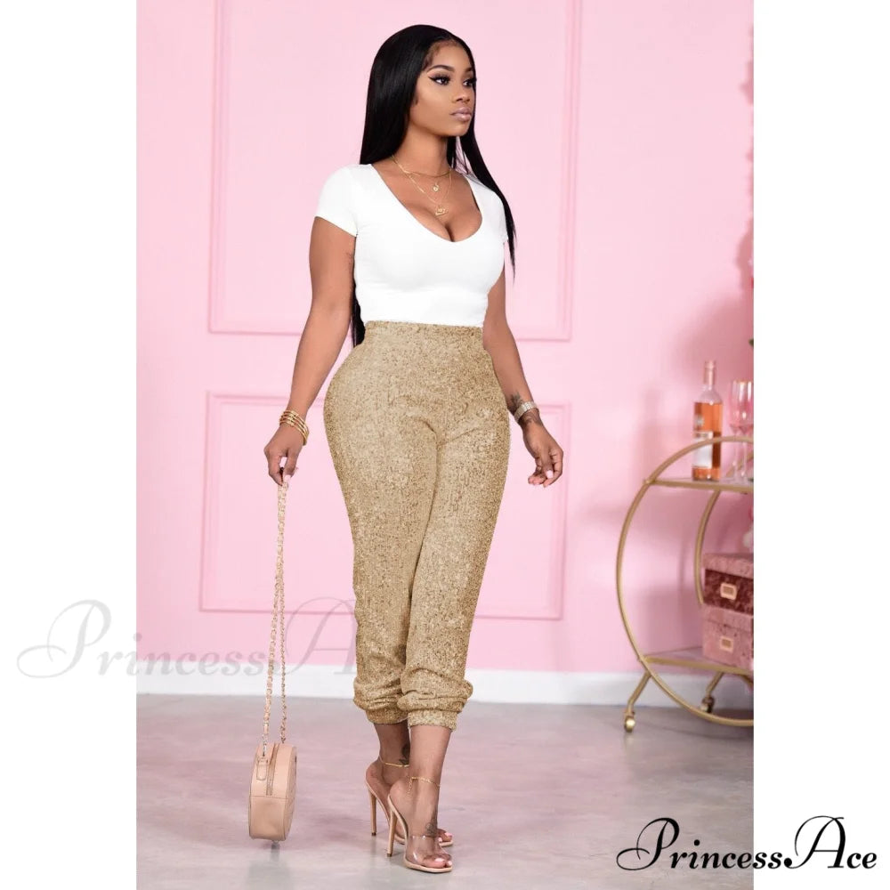 Sequin Elastic Bodycon Pencil Pants Gold / S