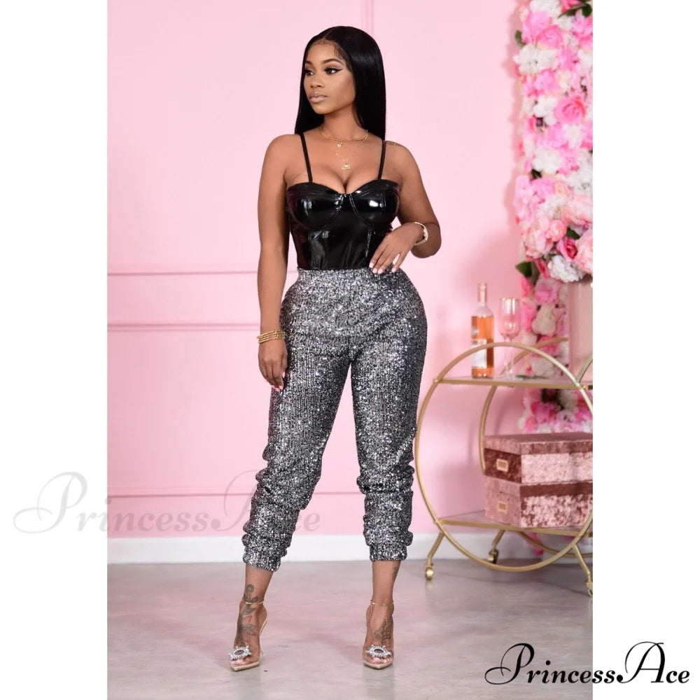 Sequin Elastic Bodycon Pencil Pants Gray / S