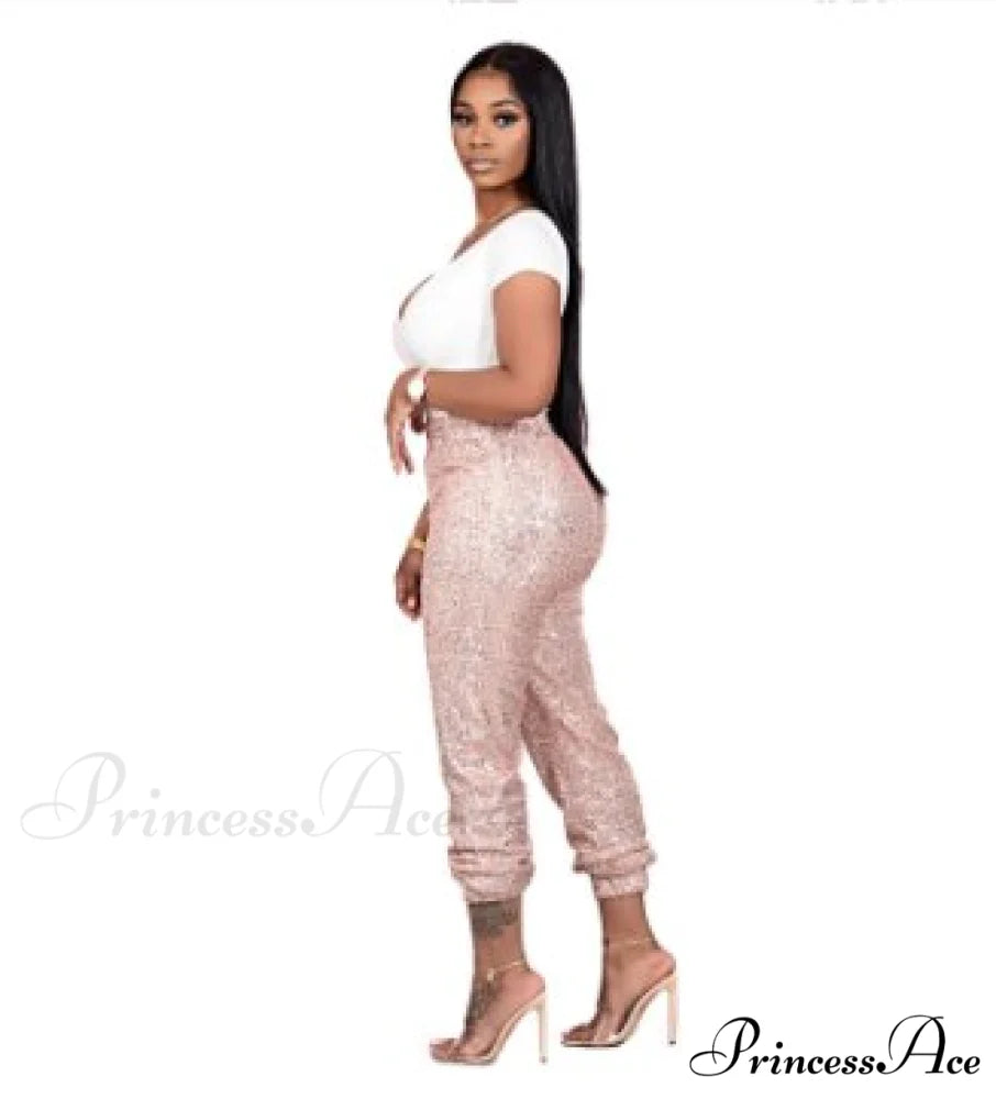 Sequin Elastic Bodycon Pencil Pants Pink / S