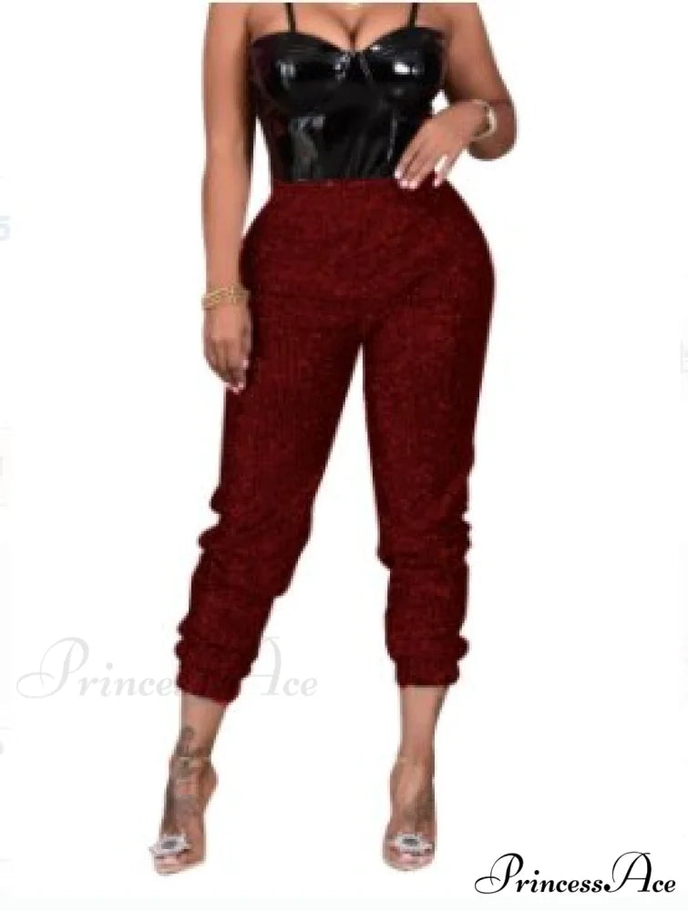 Sequin Elastic Bodycon Pencil Pants Red / S