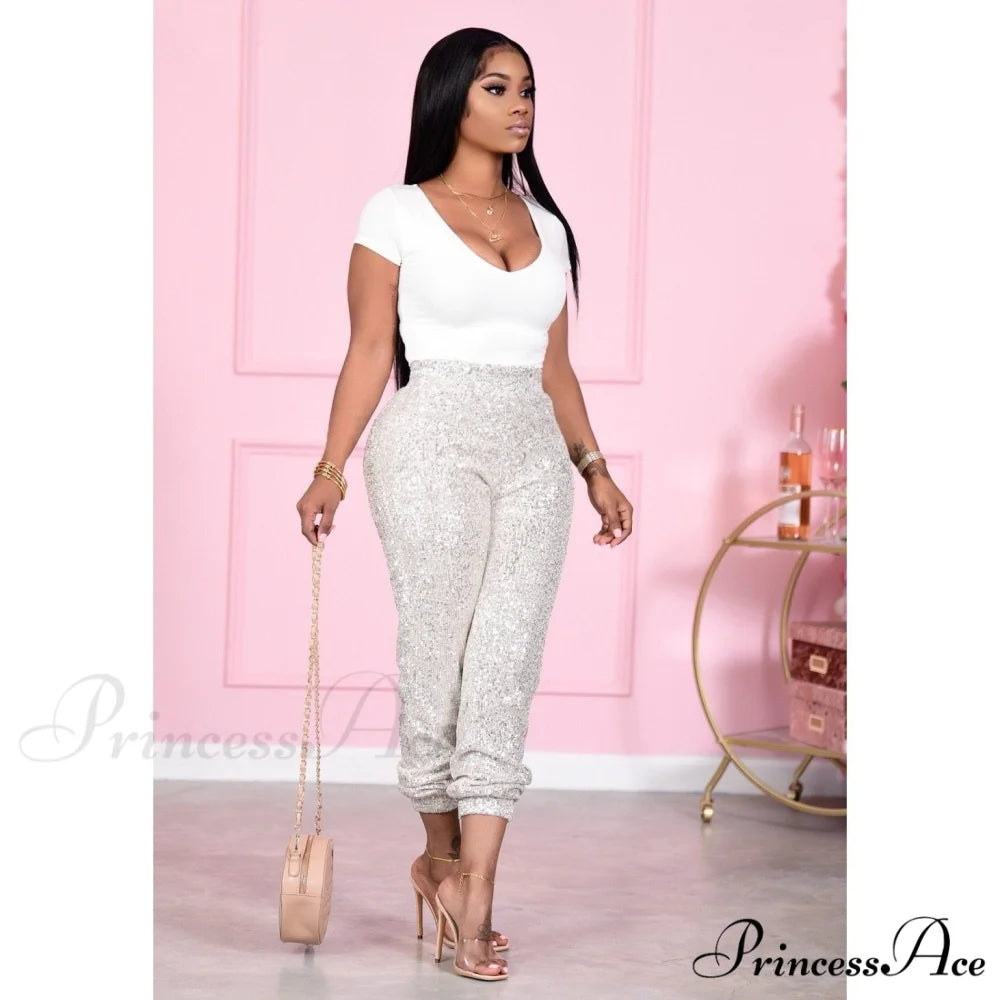 Sequin Elastic Bodycon Pencil Pants Silver / S