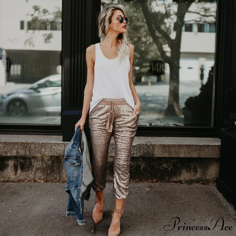 Sequin Elastic Waist Lace-up Long Pants