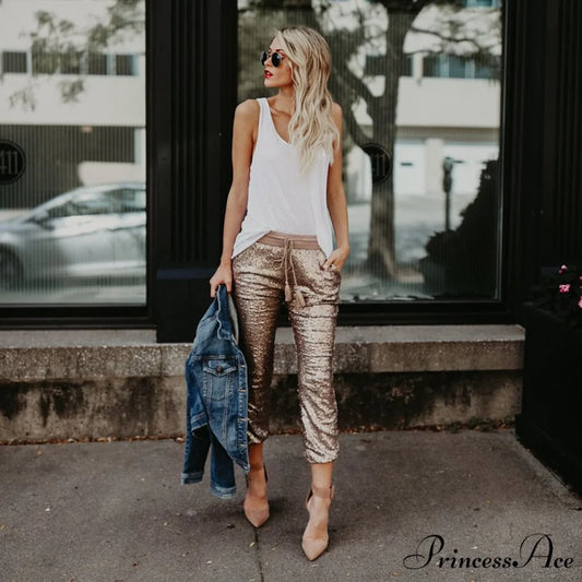 Sequin Elastic Waist Lace-up Long Pants