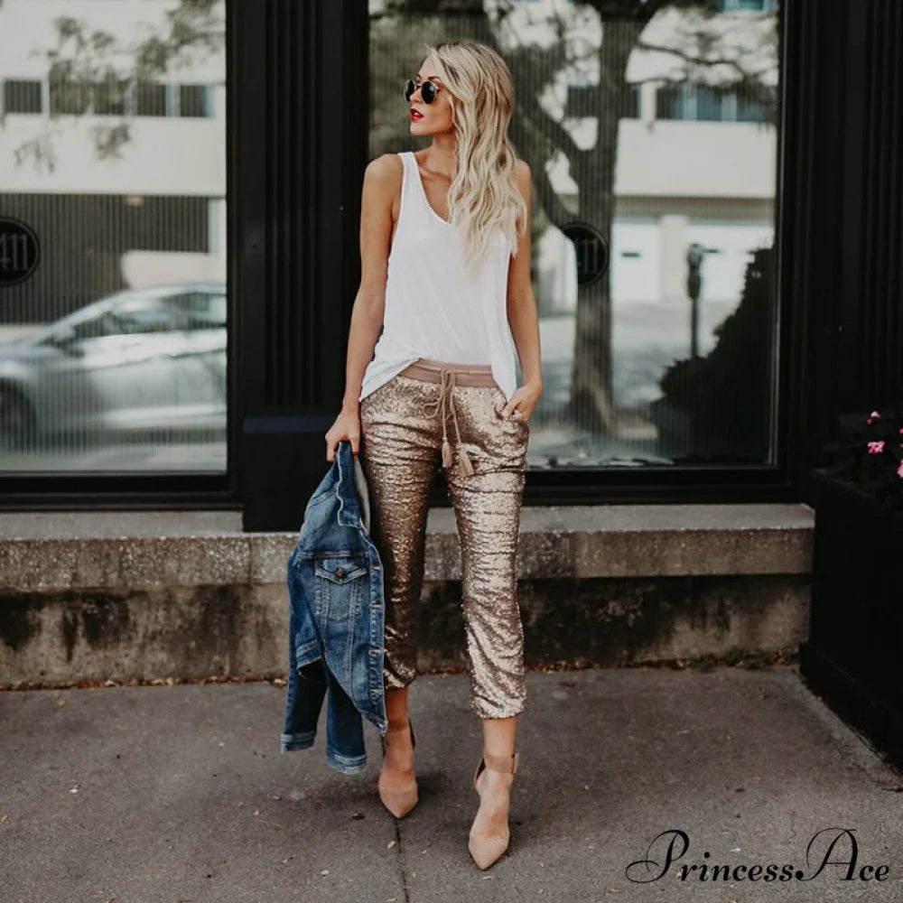 Sequin Elastic Waist Lace-up Long Pants