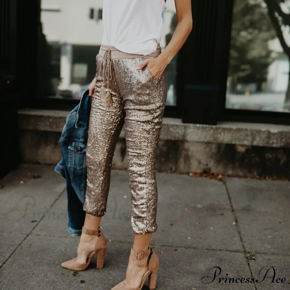 Sequin Elastic Waist Lace-up Long Pants