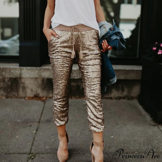 Sequin Elastic Waist Lace-up Long Pants Gold / S