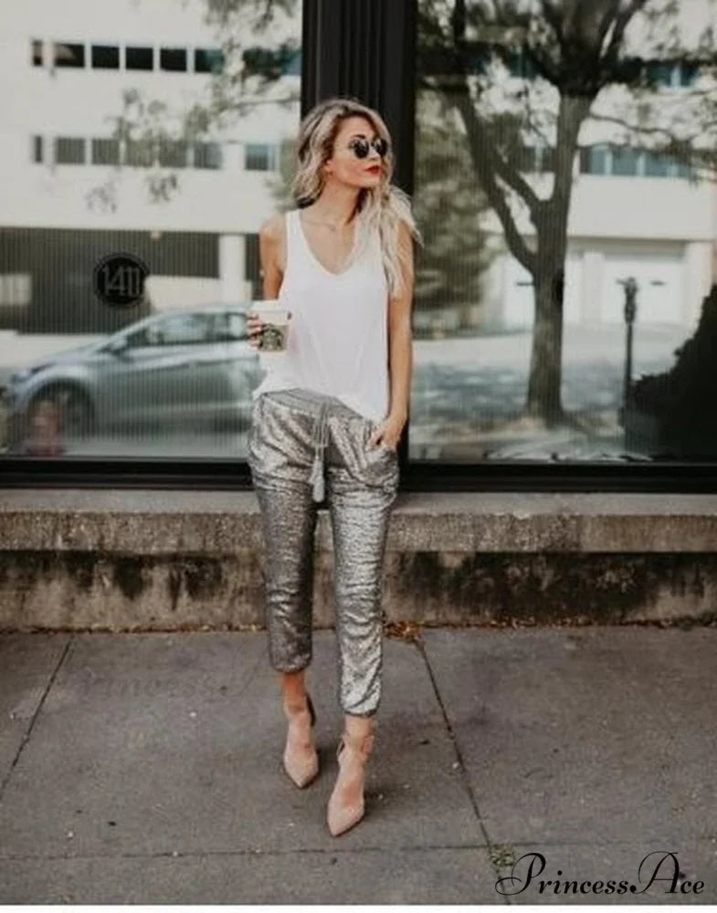 Sequin Elastic Waist Lace-up Long Pants Silver / S