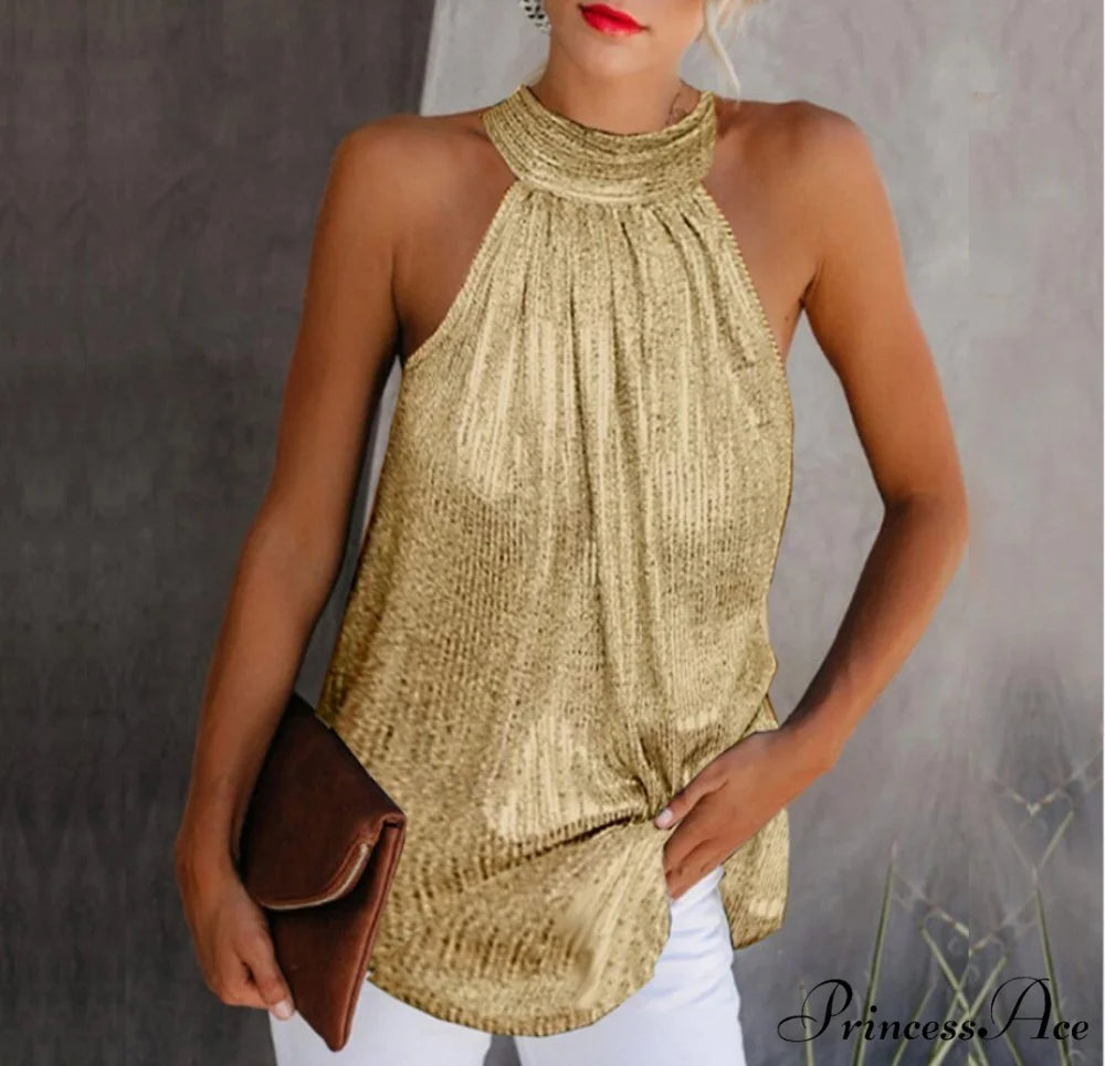 Sequin Glitter Strappy Hang-Neck Swing Clubwear Party Night Tank Gold 02 / S