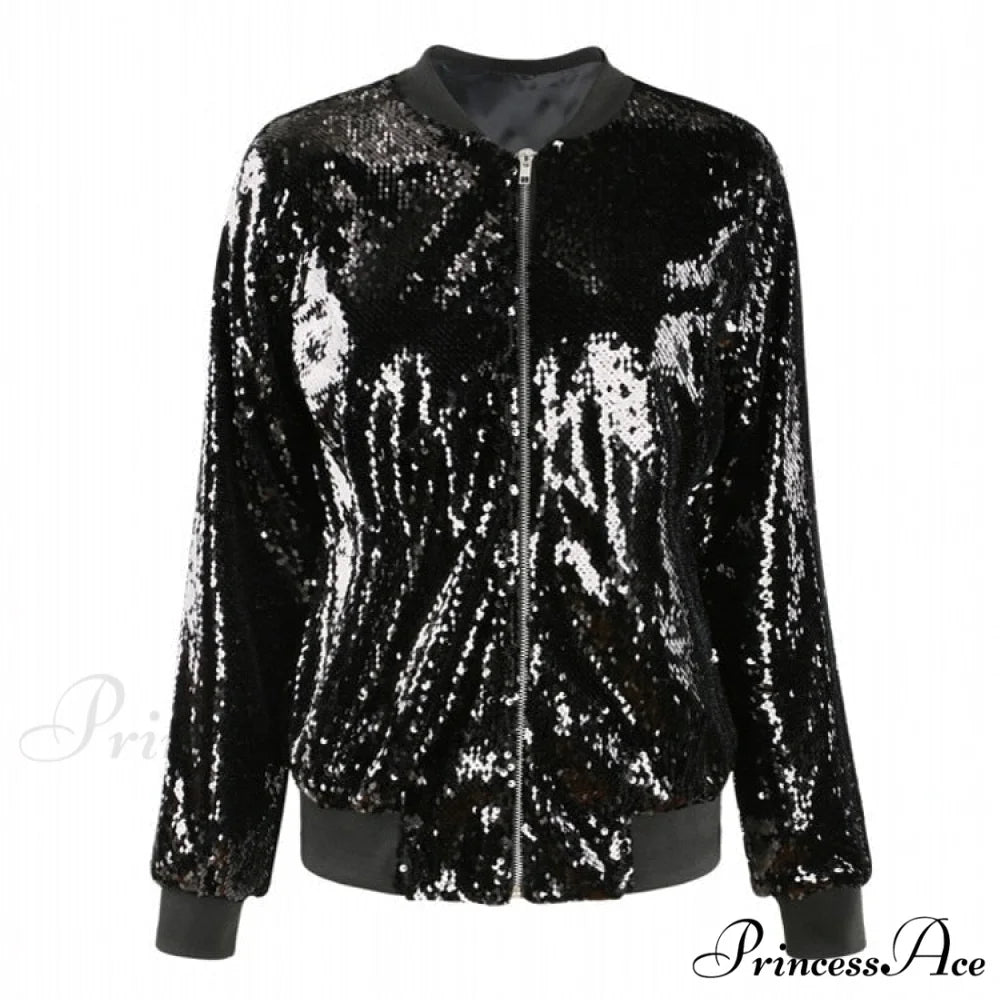Sequin Green Bomber Zipper Coat Black / S