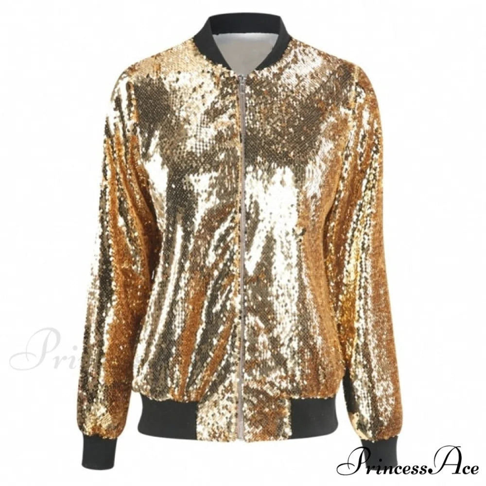 Sequin Green Bomber Zipper Coat Gold / S
