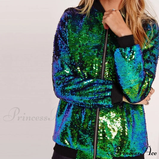 Sequin Green Bomber Zipper Coat Green / S
