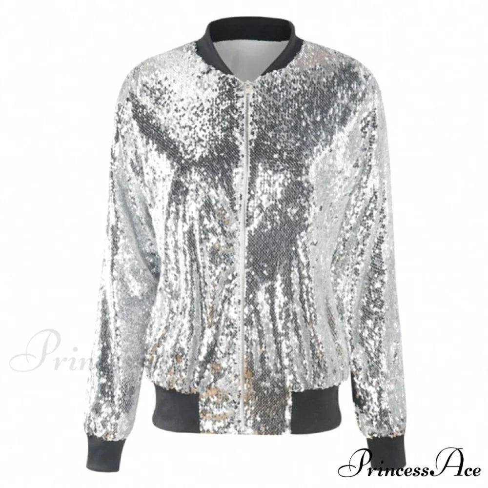 Sequin Green Bomber Zipper Coat Silver / S