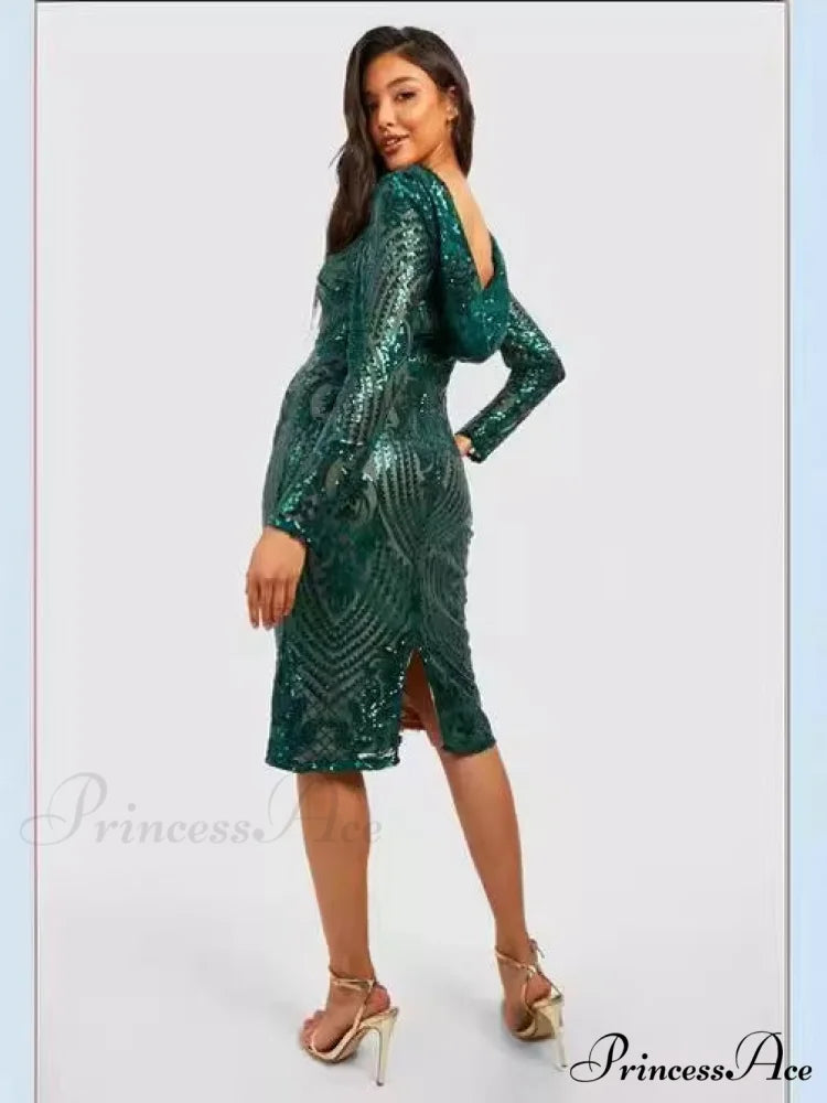 Sequin Hood Stylish Party Dress Green / XS