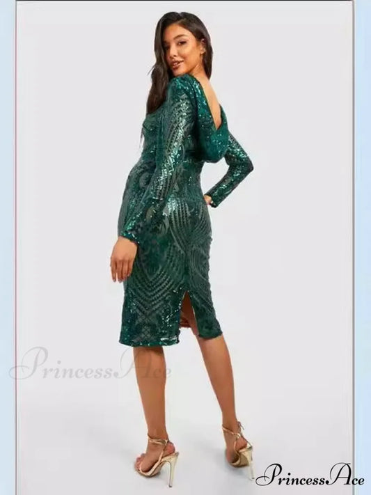 Sequin Hood Stylish Party Dress Green / XS