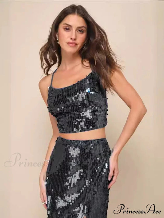 SEQUIN LACE-UP Stylish TWO-PIECE MAXI DRESS S / Black