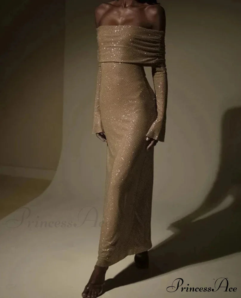 Sequin Long Sleeve Charming Off-Shoulder Maxi Dress