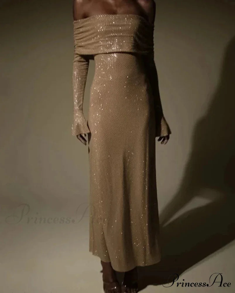 Sequin Long Sleeve Charming Off-Shoulder Maxi Dress Khaki / S
