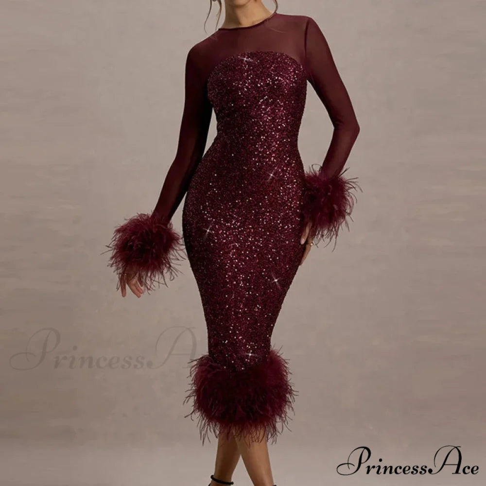 Sequin Mesh Backless Casual Party Dress 02 Red / S