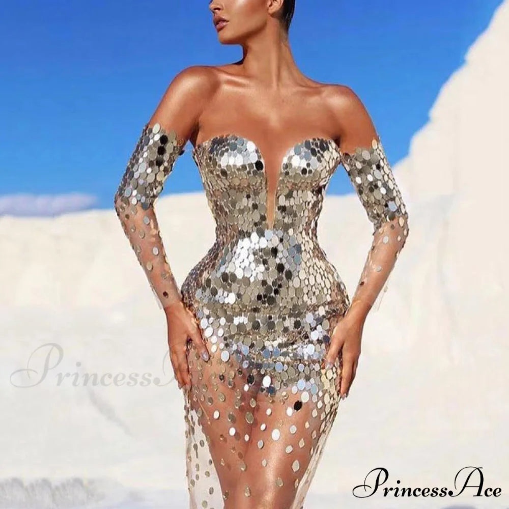 Sequin Mesh Off Shoulder Bodycon Maxi Party Dress S / Silver