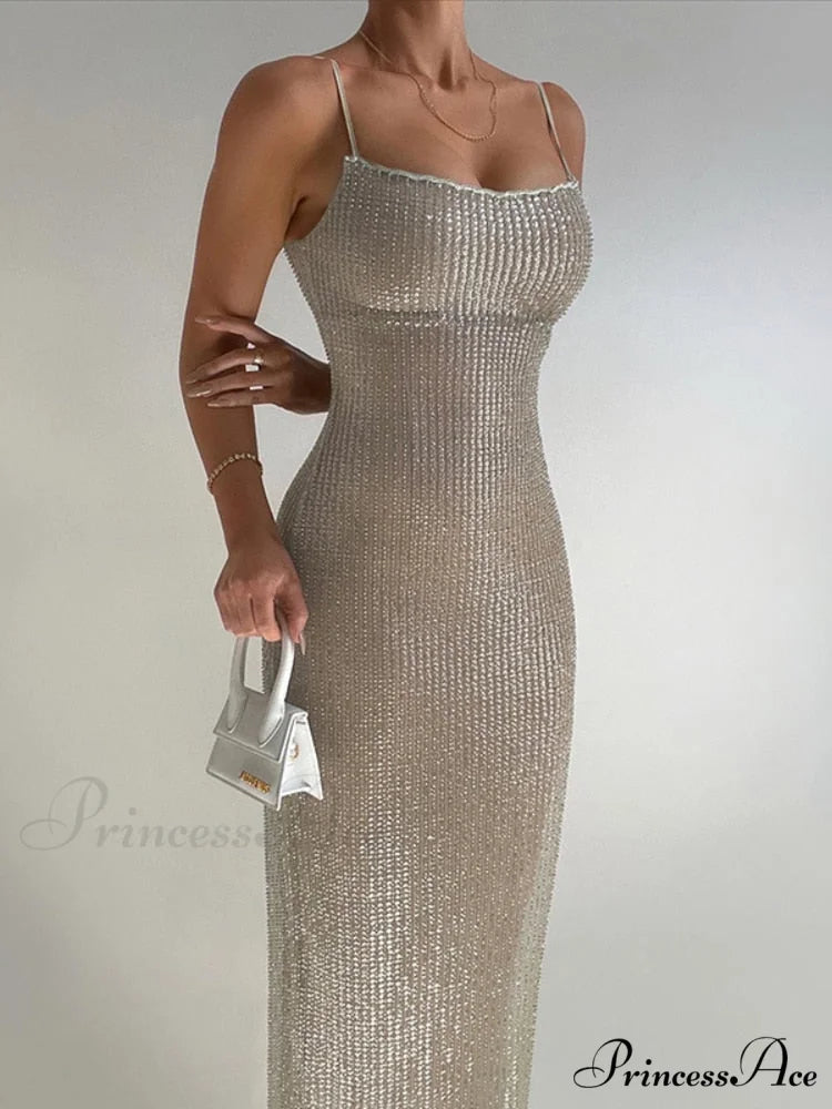 Sequin Mesh Stylish Long Dress APRICOT / S