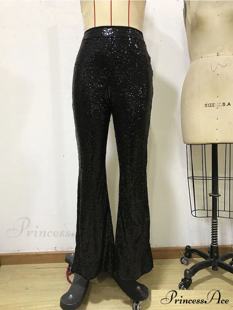 Sequin Paillette High Wasit Cropped Pants Black / S
