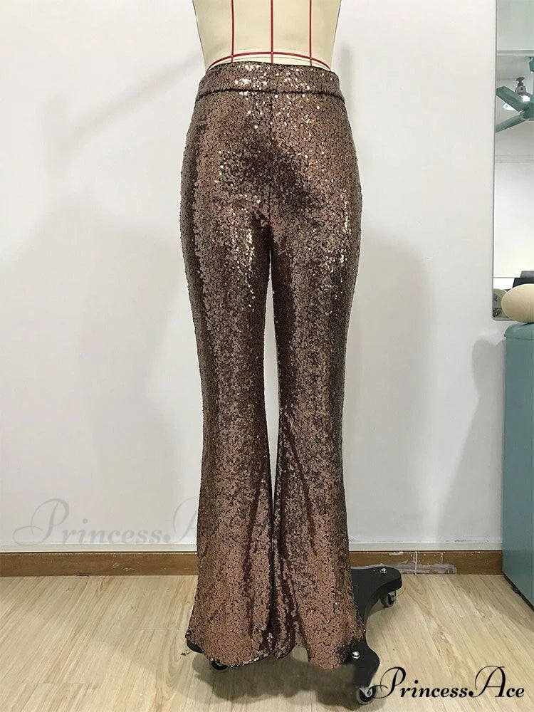 Sequin Paillette High Wasit Cropped Pants Brown / S