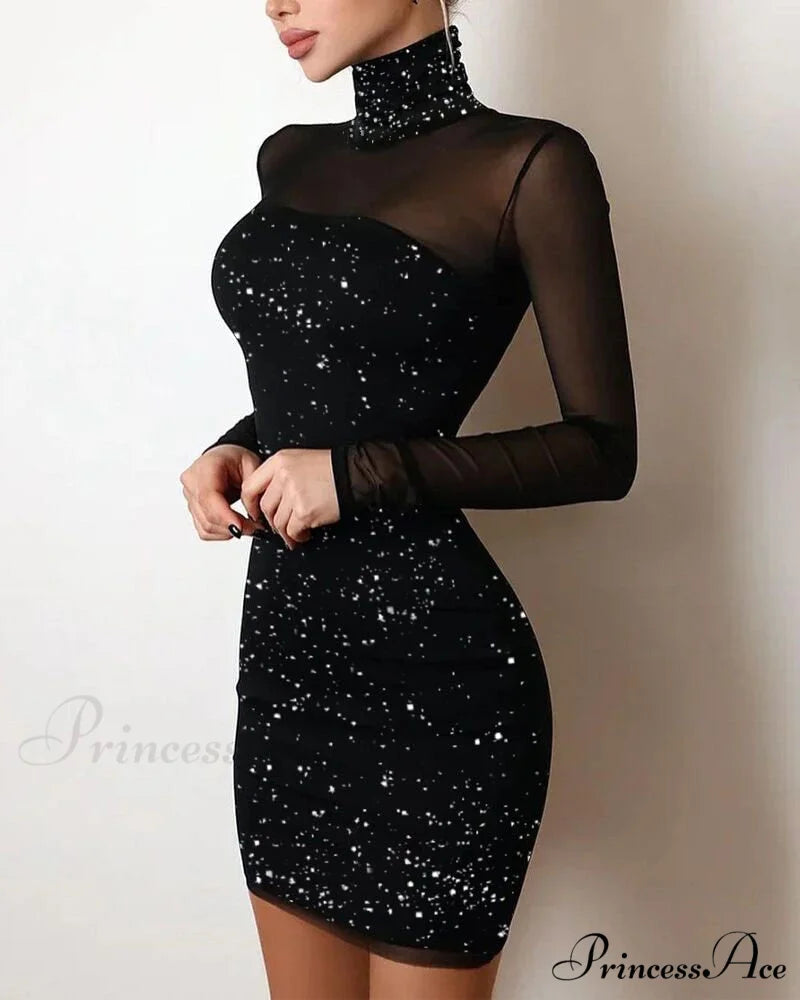Sequin Sheer Mesh Glitter Long Sleeve Party Dress