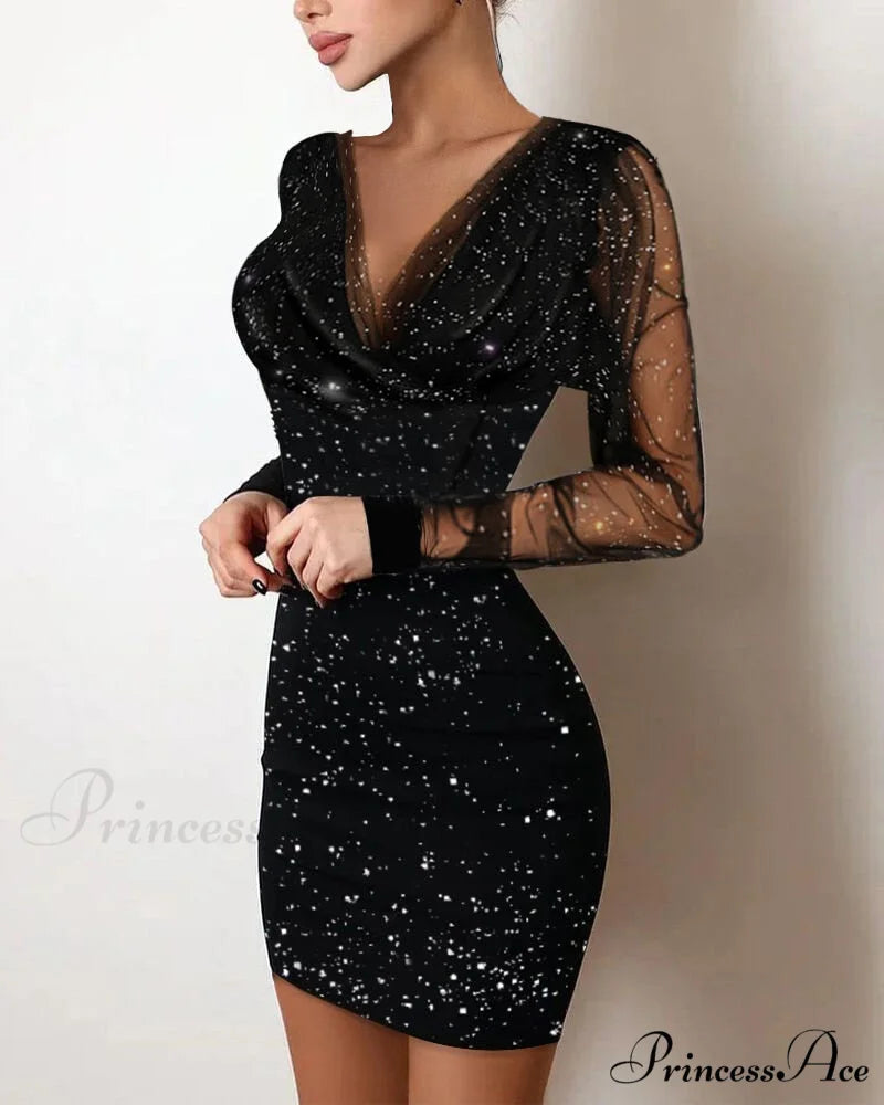 Sequin Sheer Mesh Glitter Long Sleeve Party Dress Black-02 / S