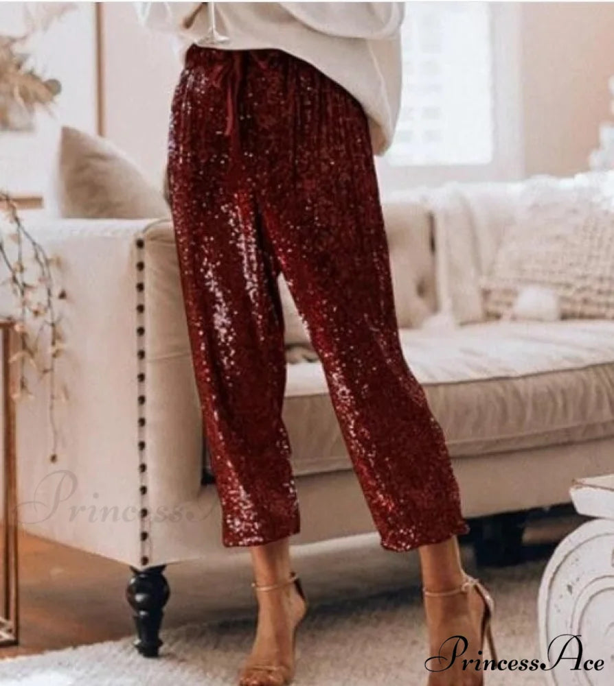 Sequin Shiny Wide Beam Leg Pants