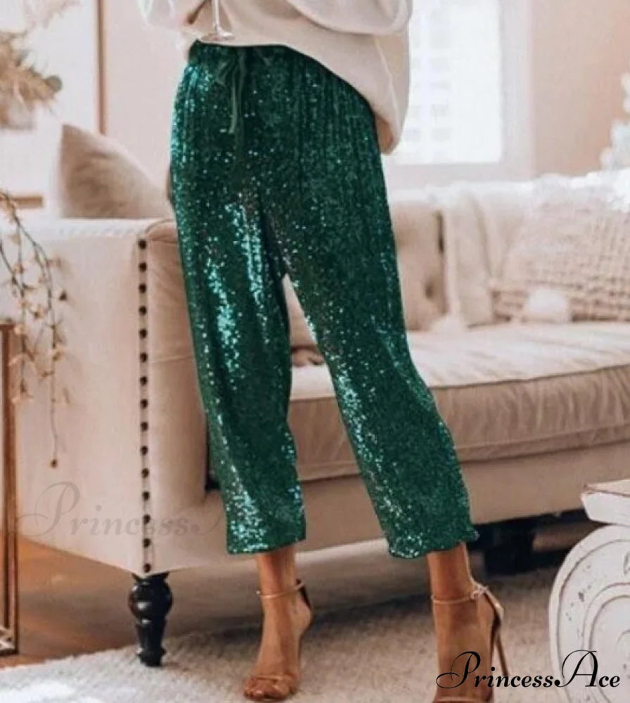 Sequin Shiny Wide Beam Leg Pants